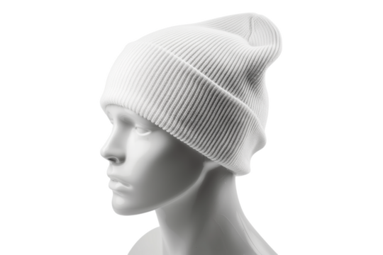white plain beanie with mannequin isolated,  transparent  background