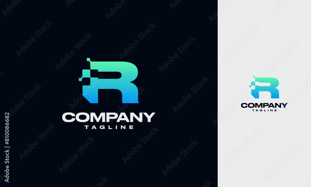 Poster r initial letter with digital pixels technology logo vector design template