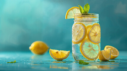 Refreshing Lemonade Spritz in Mason Jar with Mint and Lemon Slices on Pastel Blue Background.