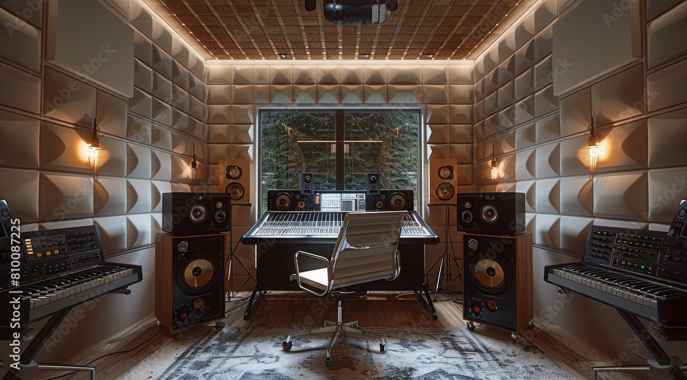 Poster a music studio recording, sound booths, recording items in a small studio. generative ai.
