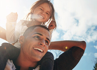 Blue sky, happy and dad with girl on shoulder in park for child development, support and outdoor...