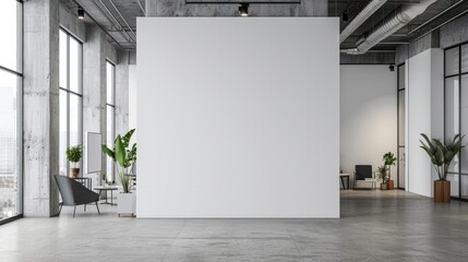 White industrial open space office corner with blank wall hyper realistic 