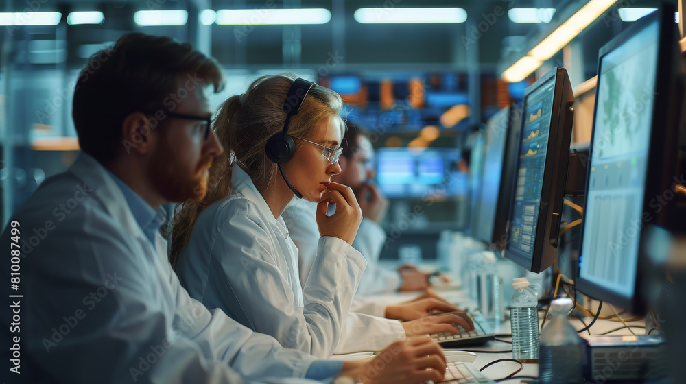 Poster male and female engineers frantically attempting to resolve a crisis in an it operations room. gener