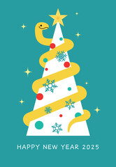 Year of the snake christmas tree design for chinese new year 2025. Zodiac snake on a winter Christmas tree with decorations and snowflakes.