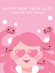 Year of the snake 2025 Medusa girl illustration. Cute girl with snakes hair design.