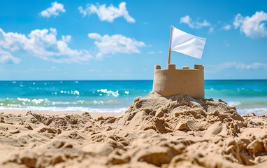 A majestic sandcastle adorned with a white flag on a beach. Sand castle with white flag in summer vacation concept.