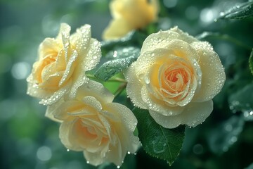 After the rain, the petals of a white rose shine with drops of water, brightly shimmering with a delicate color