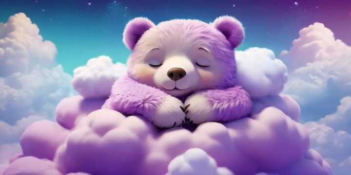 Teddy bear sleeping on the clouds, Teddy bear on blue sky background, cute and adorable purple pinkish teddy bear on clouds in sky Generative AII 