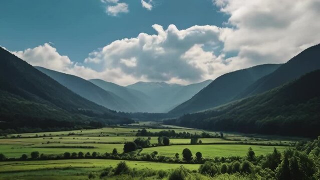 Time lase of the sky with clouds in a valley of fields of crops between mountains, landscape with mountains and clouds Generative AI