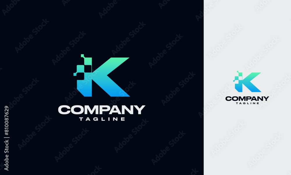 Poster k initial letter with digital pixels technology logo vector design template