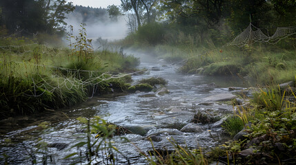 Fototapeta premium Early morning fog hovers over a brook, with dew-covered spider webs and the gentle sound of water creating a tranquil ambiance