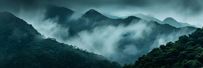 Early morning fog rolling over a subtropical mountain range, with peaks emerging above the dense,...