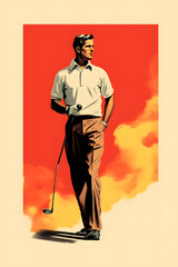 illustrated vintage style golfer, vintage style golf player, playing golf illustrated vintage style basic colors