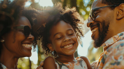 Close-up of a happy African American family with a child walking in the park enjoying the weather. A young man and woman with a child spend time together outdoors. Family concept. - Powered by Adobe