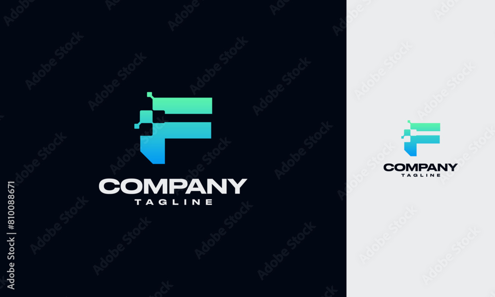 Poster f initial letter with digital pixels technology logo vector design template