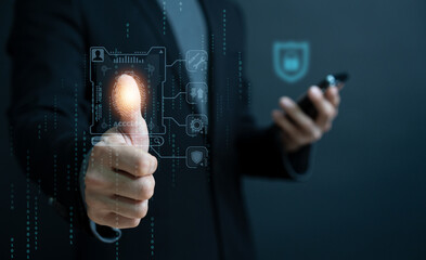 person scanning fingerprint and biometric authentication, cybersecurity use password and cybernetics. System required to identifying user to access to documents data security  from hackers and scammer