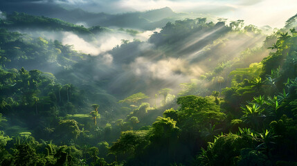 Early morning mist rising from a steep escarpment covered in lush green foliage, with sunlight...