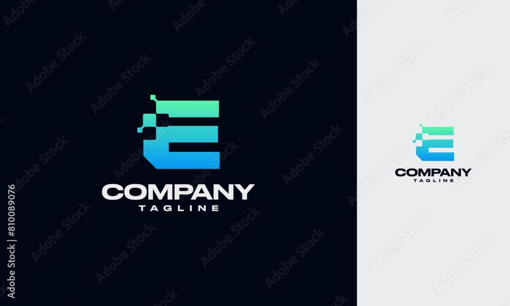 Poster e initial letter with digital pixels technology logo vector design template