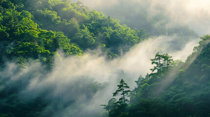 Early morning mist rising from a steep escarpment covered in lush green foliage, with sunlight filtering through the trees