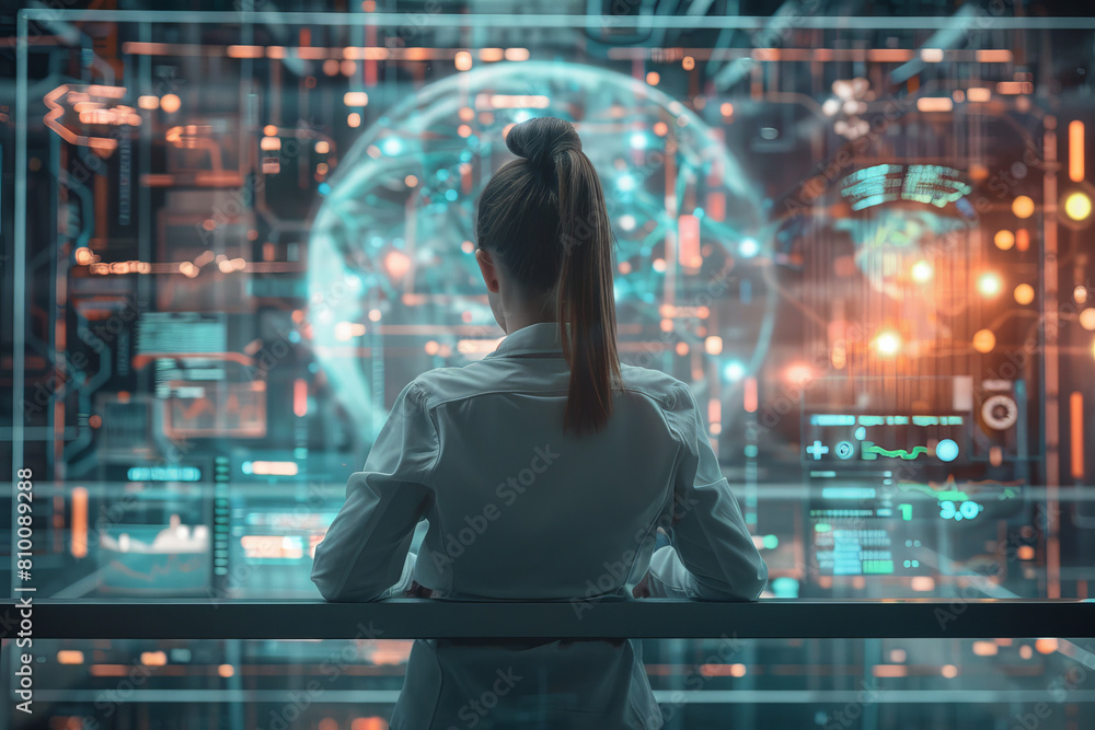 Poster a woman is looking at a computer screen with a lot of numbers and lines
