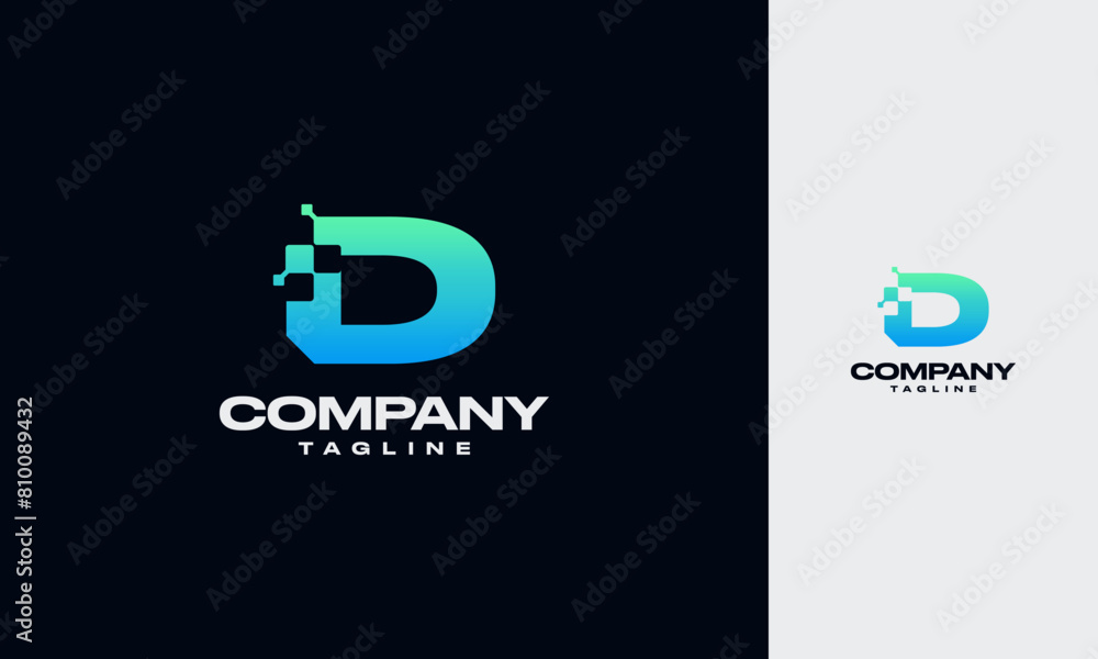 Poster d initial letter with digital pixels technology logo vector design template