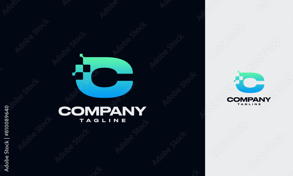 Poster c initial letter with digital pixels technology logo vector design template