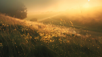Early morning mist settling over the gentle slopes of chalk downs, with dew-covered grass shimmering in the sunrise