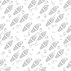 Seamless pattern black and white illustration of ice cream on a white transparent background drawn by hand