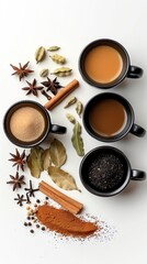 A variety of spices and three cups of tea on a white background.