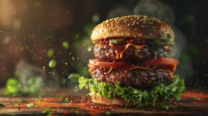 A mouthwatering image of a double cheeseburger with all the fixings, including lettuce, tomato, onion, and pickles. The burger is sitting on a wooden table. - Powered by Adobe