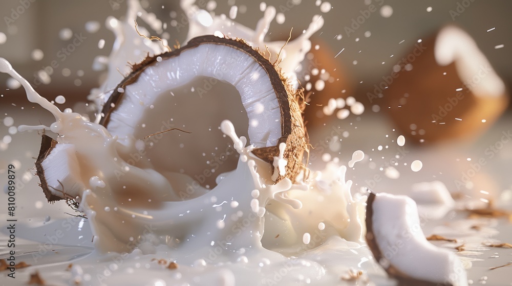 Poster dynamic image capturing a coconut half splashing into milk, creating a lively and detailed spray