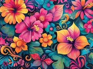 Vibrant and colorful tropical flowers and leaves seamless pattern. Perfect for summer, beach, and luau themed designs. - obrazy, fototapety, plakaty
