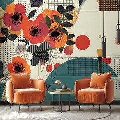 Create a modern and colorful wallpaper mural with a floral theme