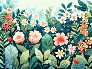 Create a watercolor painting of a garden with a variety of flowers and plants. Include colorful flowers, green leaves, and delicate petals. Make the colors vibrant and bright.