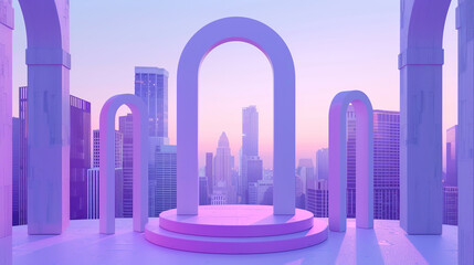 A minimalist pastel purple archshaped stage with a view of the city skyline,