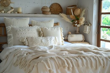 Boho style bedroom with pillows