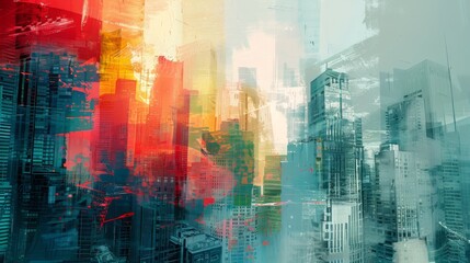 Abstract digital painting depicting modern urban landscapes and architecture