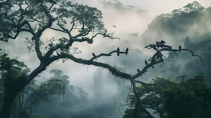 Early morning scene in a cloud forest with birds perched on tree branches, surrounded by thick mist and the sounds of nature