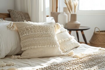 Boho style bedroom with pillows