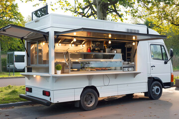 A mobile kitchen with a modern and inviting atmosphere, a white food truck is a perfect place to enjoy a delicious and affordable meal