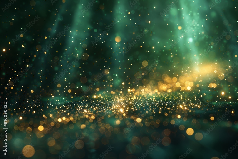 Poster the image showcases a magical array of turquoise glitters and bokeh sparks, suggestive of a dreamlik