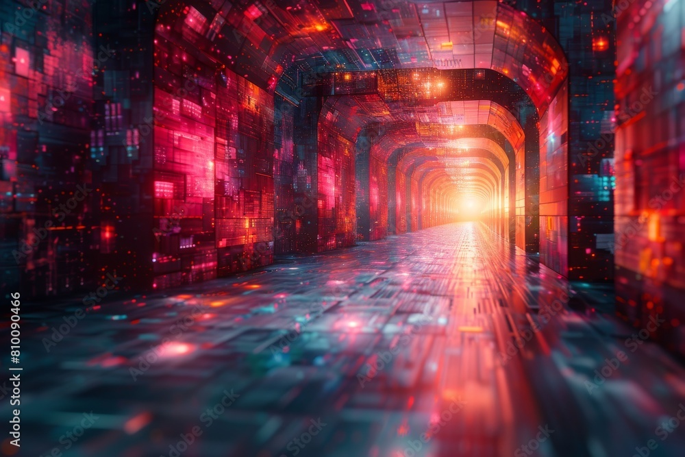 Poster a visually arresting red digital tunnel illuminated with dynamic lights and patterns evoking a sense