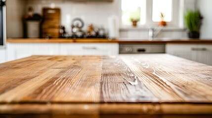   A tight shot of a wooden kitchen table, displaying its texture closely A sink lies near one end,...