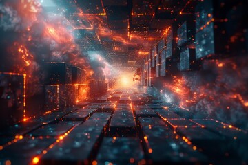 Naklejka premium This image captures a digital corridor with intense fiery effects that suggest energy and motion in a virtual environment