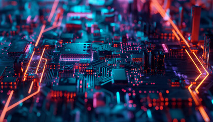 High-tech motherboard with neon circuit paths