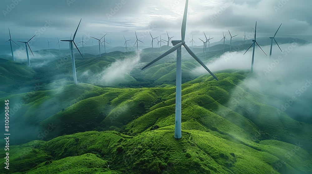 Poster wind turbines in a wind farm, majestic and tall, with rotating blades. overcast sky casting soft lig