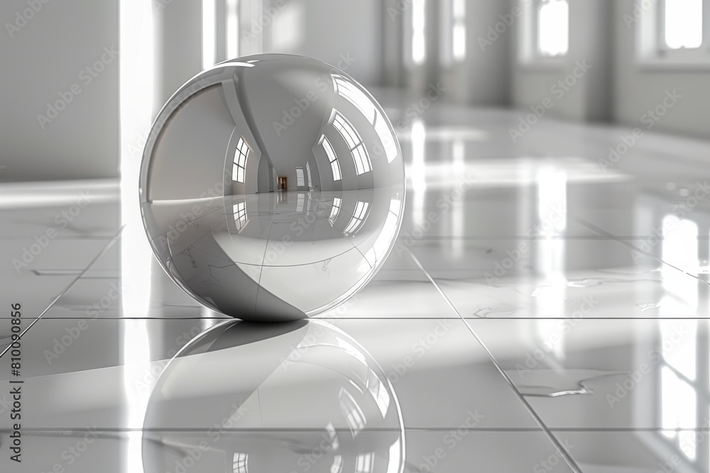 Poster a visually engaging image with a polished sphere in the center, reflecting the clean, minimalist lin