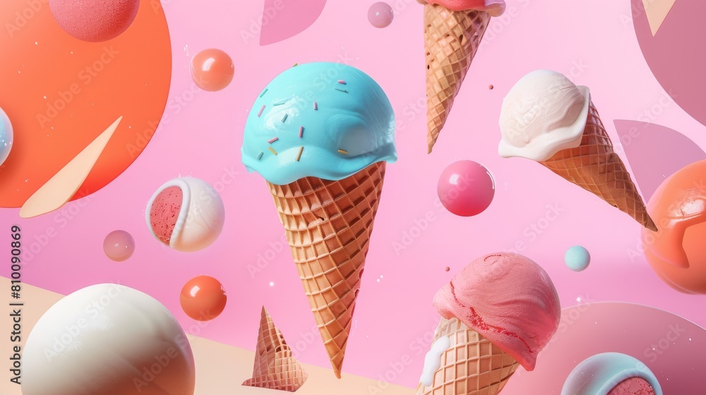 Aufkleber abstract poster design featuring floating ice cream cones with abstract shapes
