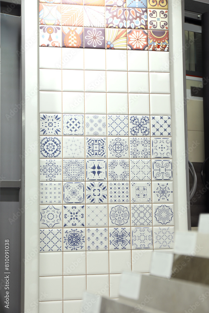 Poster Samples of tile with different patterns on display in store