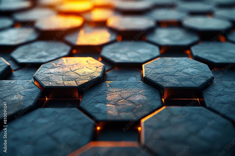 Poster detailed image showing textured hexagonal tiles illuminated by a warm orange light from the sides